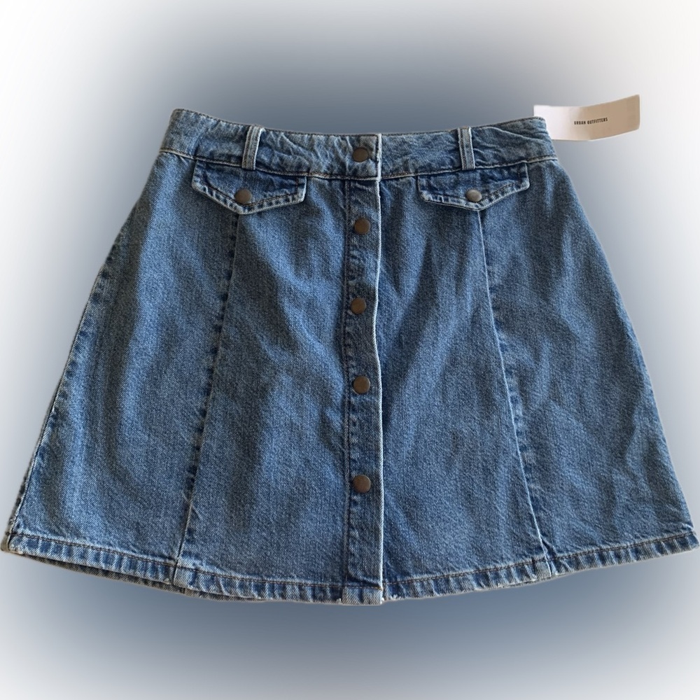 BDG Urban Outfitters Blue Denim A Line Mini Skirt Snap Button Front Pockets M - Picture 7 of 8